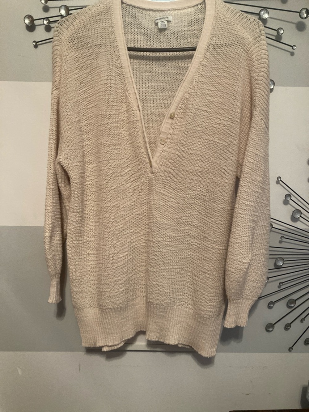 American Eagle Outfitters Beige V-Neck Button-Placket Knit Sweater